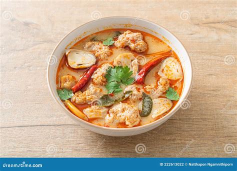 Spicy Boiled Pork Soup With Mushroom Tom Yum Stock Photo Image Of