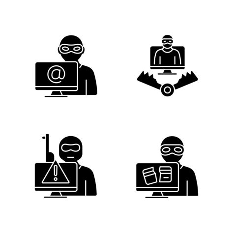 Cyber Attacker Black Glyph Icons Set On White Space Cyberterrorism