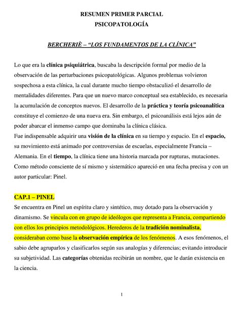 Psicopatologia RESUMEN PRIMER PARCIAL PSICOPATOLOGÍA BERCHERIÈ LOS