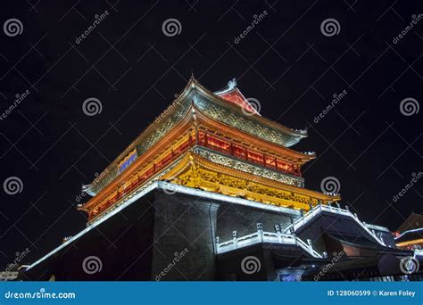 Drum Tower Illuminated At Night Xian China Stock Image Image Of