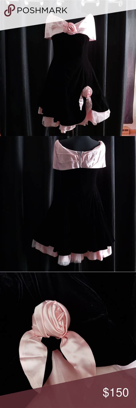 Vintage 1990s Prom Dress Velvet Pink Black Prom Dresses With Sleeves