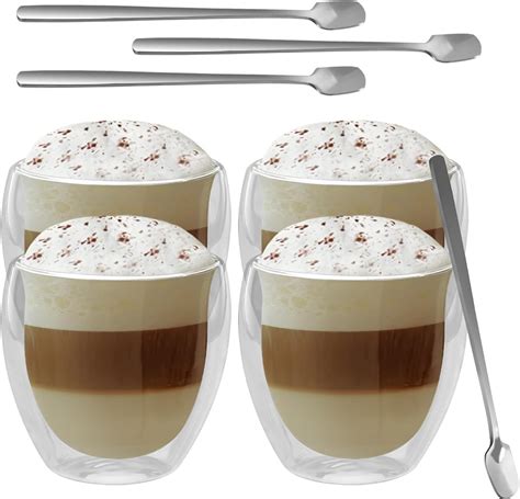 Latte Macchiato Doppelwandige Gläser 250ml 4er Set und 4 Löffel