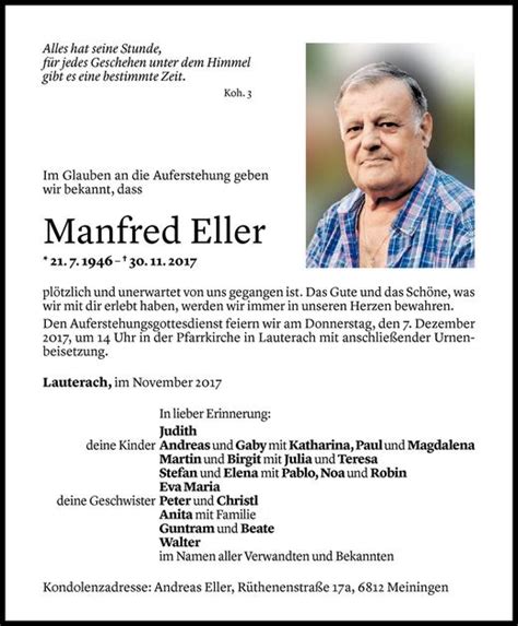 Todesanzeigen Von Manfred Eller Todesanzeigen Vorarlberger Nachrichten