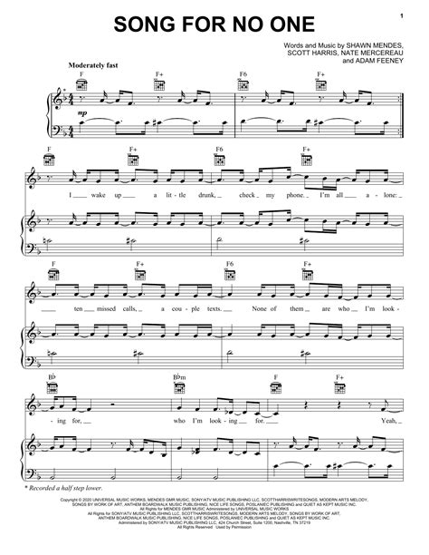 Shawn Mendes Song For No One Sheet Music And Chords For Piano Vocal