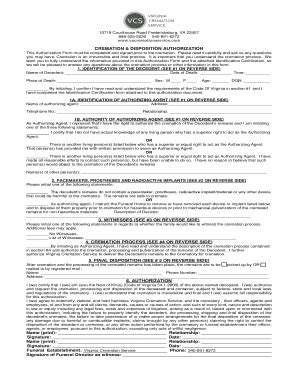 Fillable Online Cremation Authorization Form Vacremationservice