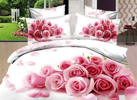 3d Bunch Of Pink Roses Printed Cotton Luxury 4 Piece White Bedding Sets