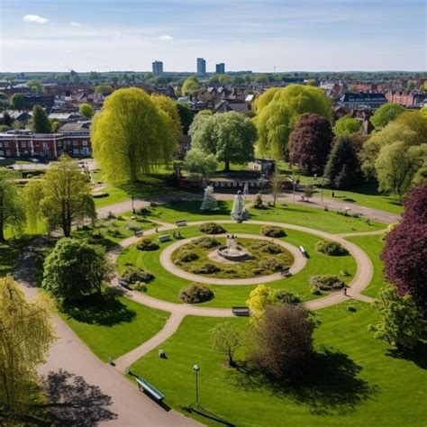 Premium AI Image | an aerial view of a park with a fountain surrounded by trees