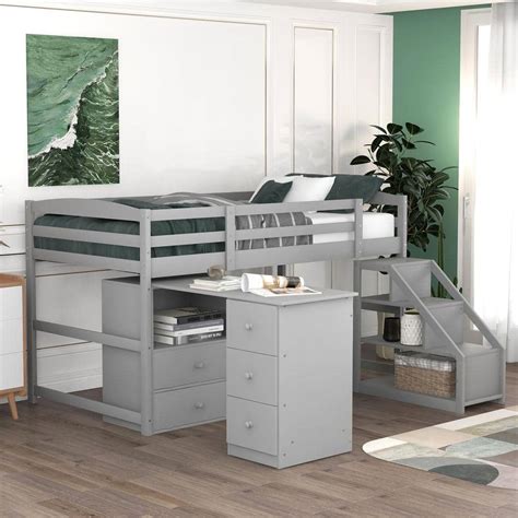 Harper Bright Designs Versatile Gray Wood Frame Twin Size Loft Bed