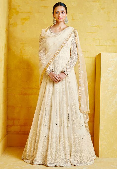 Buy Embroidered Georgette Abaya Style Suit In Off White Online