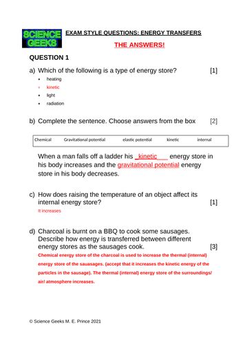 Gcse Energy Stores And Energy Transfers Exam Style Questions Teaching Resources