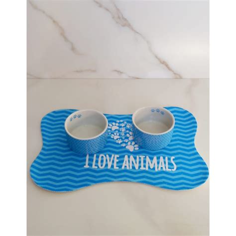 Kit Comedouro de Porcelana Azul para Cães e Gatos