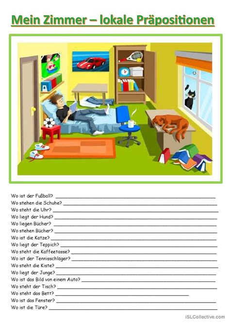 Mein Zimmer lokale Präpositionen al Deutsch DAF Arbeitsblätter pdf