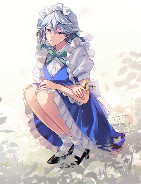 Safebooru 1girl Apron Artist Name Black Footwear Blue Dress Blue Eyes