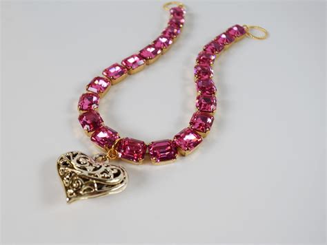 Pink Topaz 18th Century Collet Necklace With Heart Pendant Dames A La