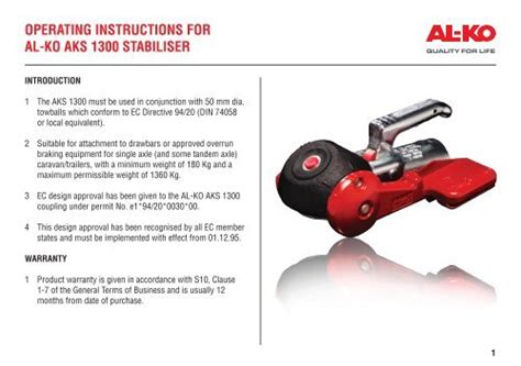 Operating Instructions For Al Ko Aks 1300 Stabiliser