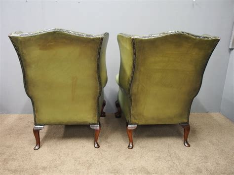 Antique Pair Of Georgian Style Green Leather Wing Chairs ANTIQUES CO UK