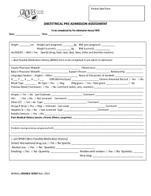 Fillable Online Obstetrical Pre Admission Assessment Fax Email Print