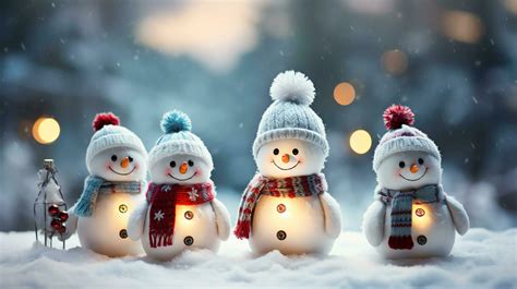 Group Of Cute Snowmen In A Cap And Scarf In Winter Snow Scene