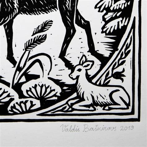 Deer Linocut Print Buck Male Deer Stag In Winter Original Art