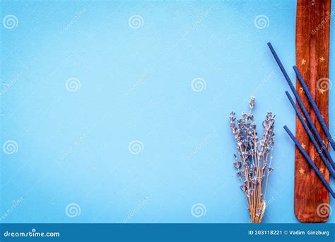 Air Freshener Sticks With Lavender On Blue Background Top View Mockup