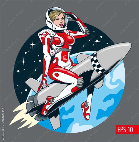 Comic Style Sexy Astronaut Woman In Space Suit And Helmet Riding A Missile Vector Illustration