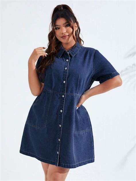 SHEIN Essnce Plus Button Front Denim Dress SHEIN USA