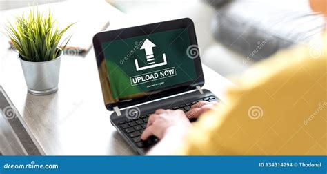 upload concept   laptop screen stock photo image  uploading