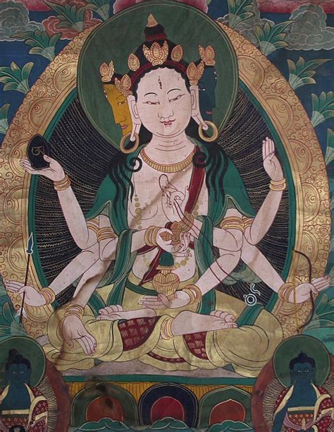 Antique Hand Painted Gouache Seated Eight Armed Avalokiteshvara Tibetan