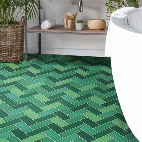 Herringbone Green Floor Tile Sticker Panel Peel And Stick Etsy In