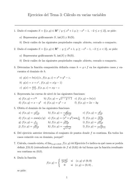 Tema 3 Ejercicios Ejercicios Del Tema 3 C ́alculo En Varias Variables Dado El Conjunto S