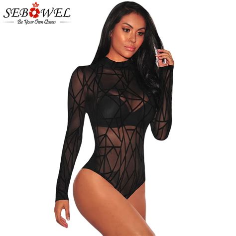 Buy Sebowel Women Sexy Mesh Bodysuit Long Sleeve Black