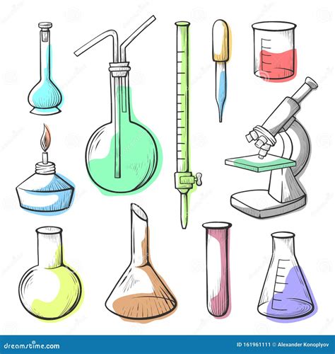 Laboratory Equipment Glassware Hand Drawn Illustrations Set Stock