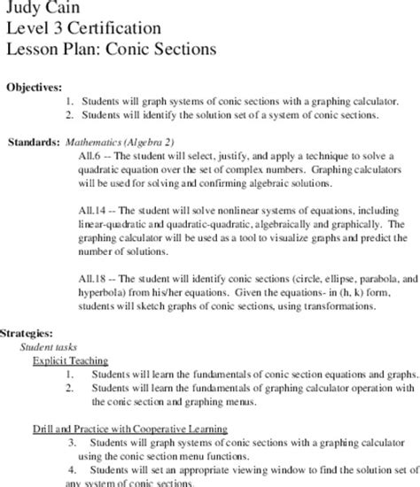 Conic Sections Lesson Plan For 10th 12th Grade Lesson Planet