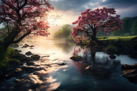 Premium AI Image Peaceful Spring Landscape With Tree And Foggy Lake