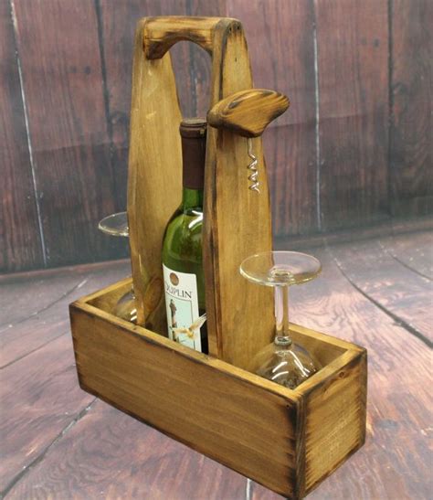 Rustic Wood Wine Caddy Wooden Wine Bottle And Glasses Holder Carrier