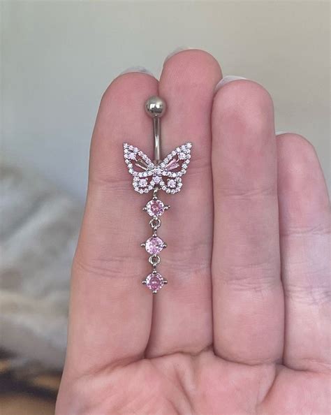 Pink Butterfly Belly Button Ring Dainty Belly Button Jewelry Silver