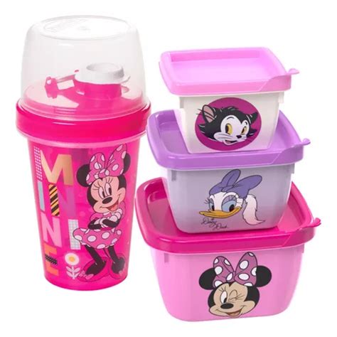 Kit Lanche Escola Menina Minnie Rosa Copo C Tampa E Potes