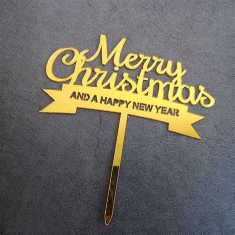 Merry Christmas And Happy New Year Banner Gold Acrylic Cake Topper By