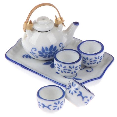 Pcs Dollhouse Miniature Dining Ware Blue Porcelain Tea Set Dish Cup