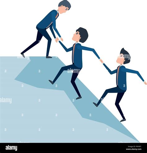 Cartoon businessman helping a others businessmen climb to the top over white background, vector ...