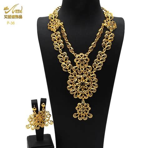 Ensemble De Bijoux En Plaqué Or 24k Aniid Africain Collier Et Boucles