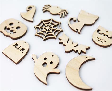 SET OF 10 Halloween Unfinished Wood Laser Cutout Shapes Crafts Hanging