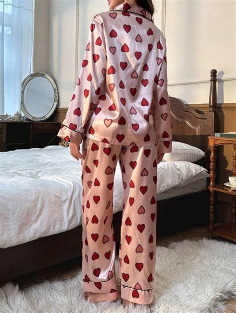 Heart Print Contrast Piping Satin Pj Set Shein Usa