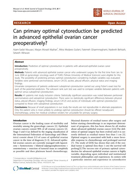 PDF Can Primary Optimal Cytoreduction Be Predicted In Advanced