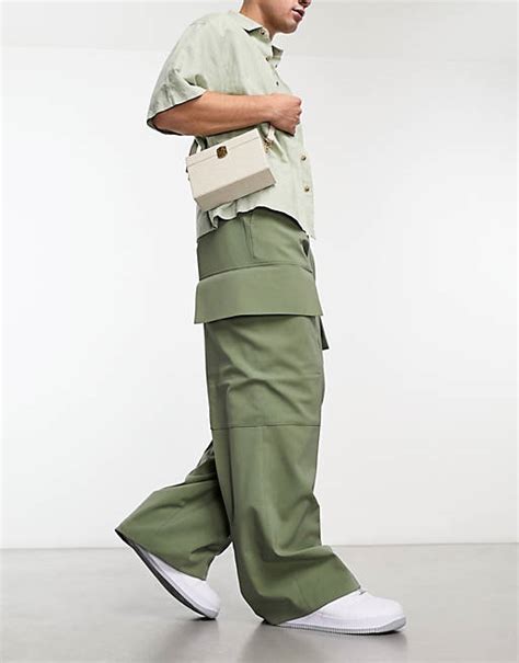 Asos Design Wide Leg Cargo Smart Trousers In Olive Green Asos