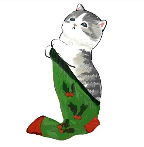 A Drawing Of A Cat Sitting On Top Of A Christmas Stocking With Holly Decorations