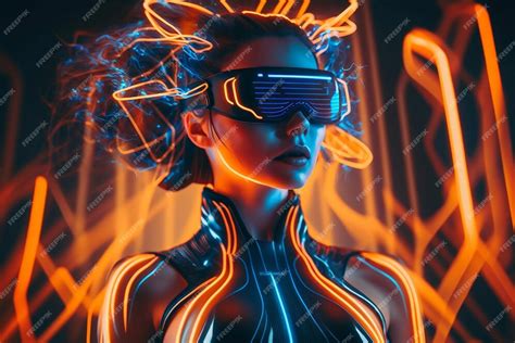 Premium Ai Image Woman Wearing A Neon Glasses Digital Technology