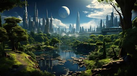 Premium Photo Futuristic City Surrounded By Trees And A River