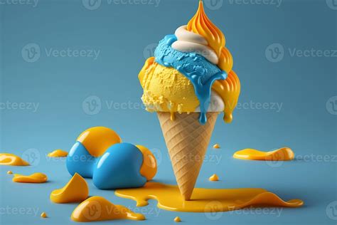 Melting Ice Cream Cone With Sweet Yellow And Blue Caramel Isolated On A