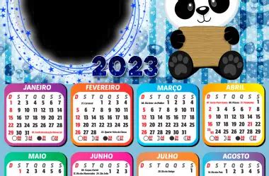 Moldura PNG para Colar Foto Calendário 2023 Panda Azul Imagem Legal